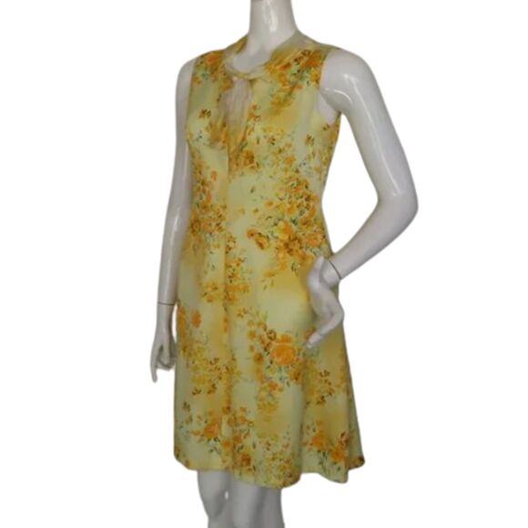 VINTAGE Dress, 4, Yellow Floral, Scarf tie neck, Sleeveless, Handmade - Picture 3 of 13